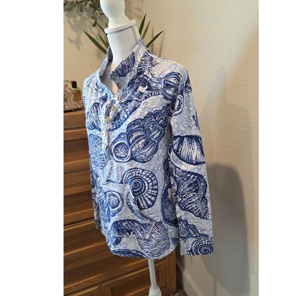 Lilly Pulitzer Blue White Shell Print Quarter Zip Long Sleeve Pullover Women's L - Picture 6 of 9